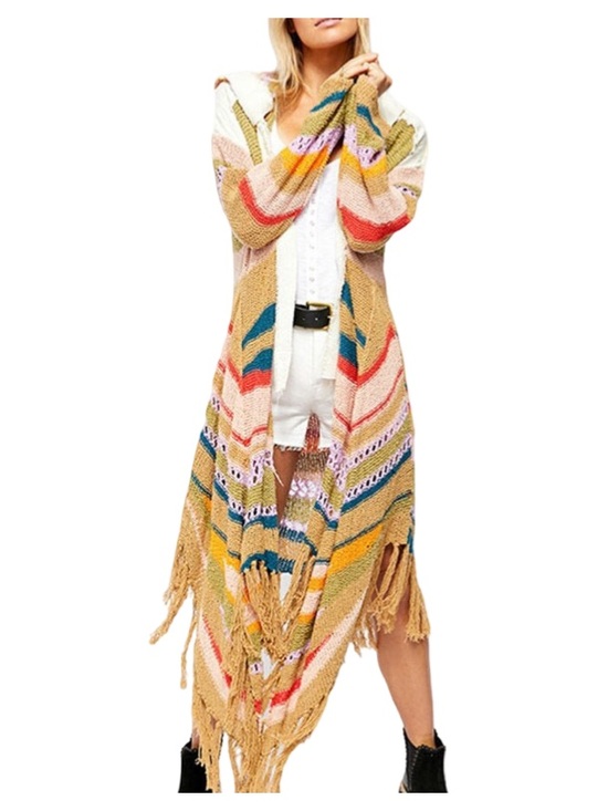 Free People Sweaters - 🔆🍓🌀 Free People Bohemian Multi Stripe Hooded Fringe Cardigan Sweater Poncho 🌀🍓🔆